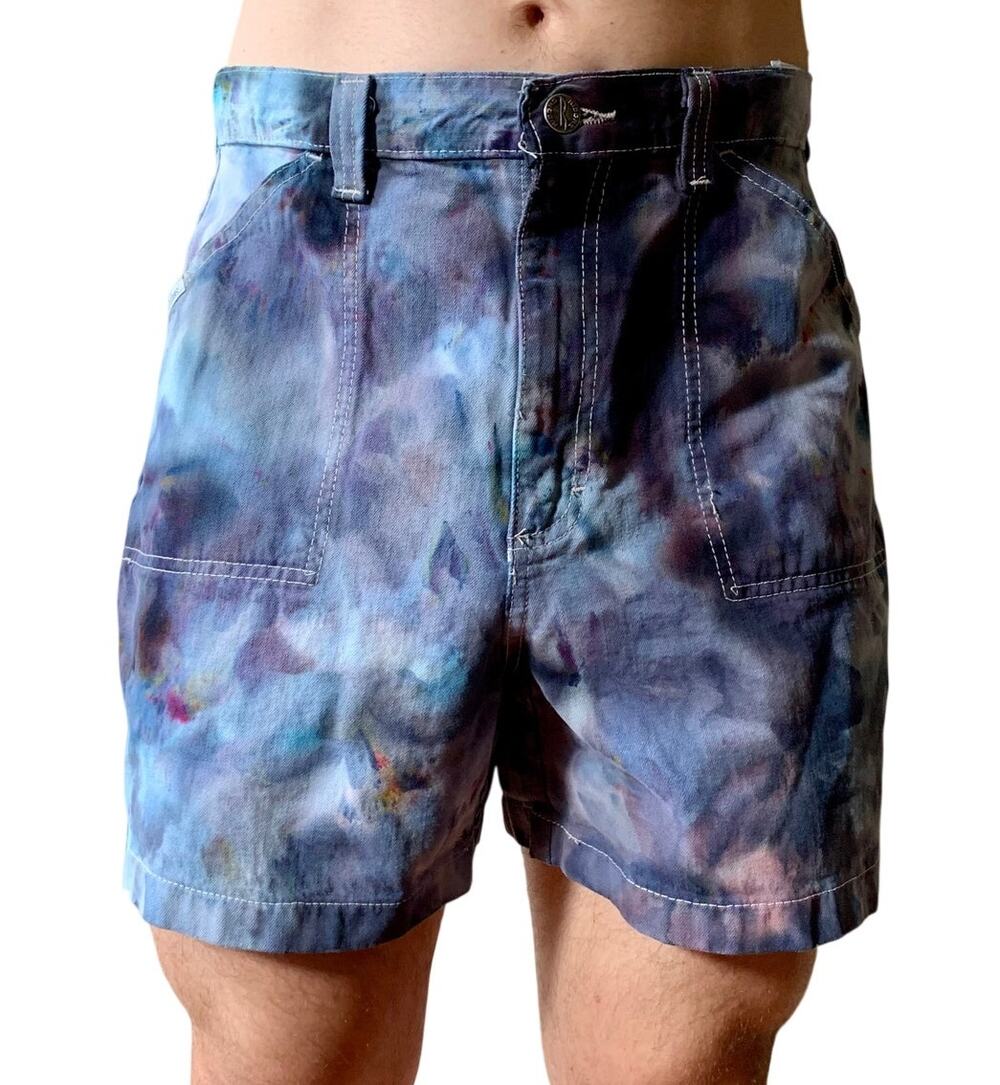 Vintage Riders Ice Dye Denim Shorts Blue Gray Reworked Hand Dyed High Rise